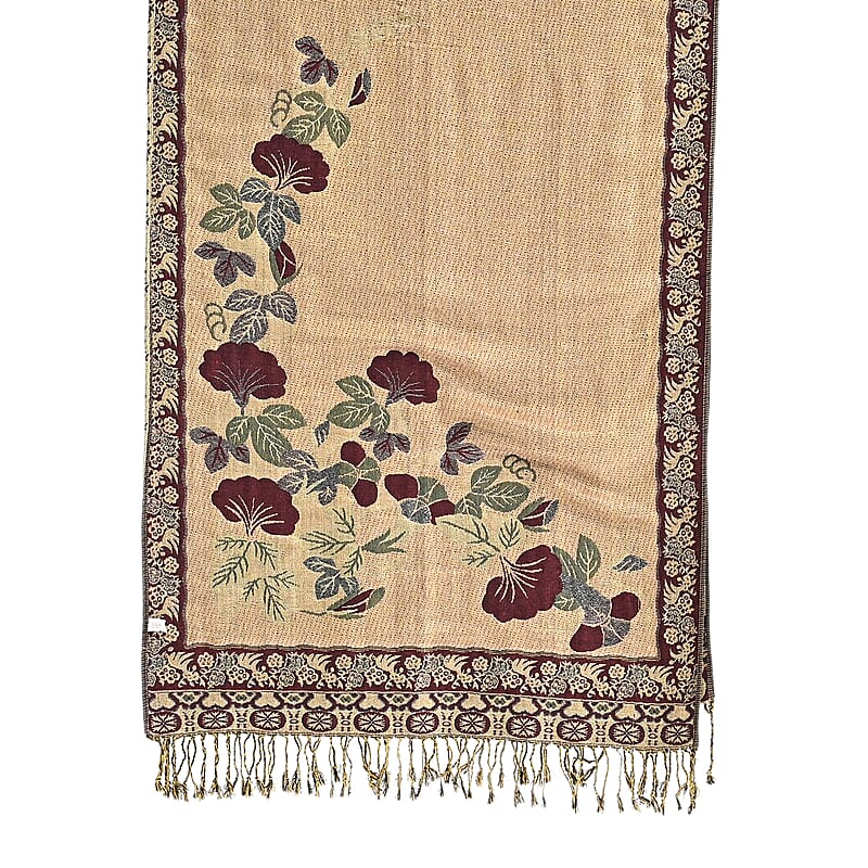 TAMSY Green Floral Jacquard Scarf with Tassels – One Size Fits Most
