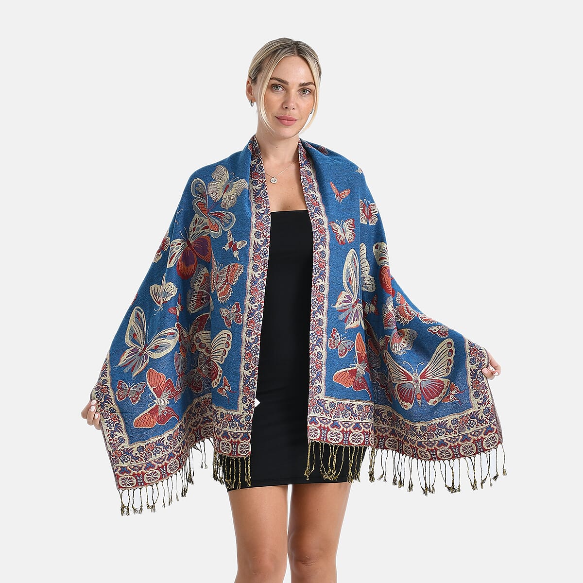 TAMSY Blue Butterfly Jacquard Scarf with Tassels &ndash; One Size Fits Most image number 0