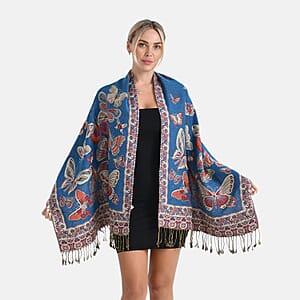 TAMSY Blue Butterfly Jacquard Scarf with Tassels &ndash; One Size Fits Most