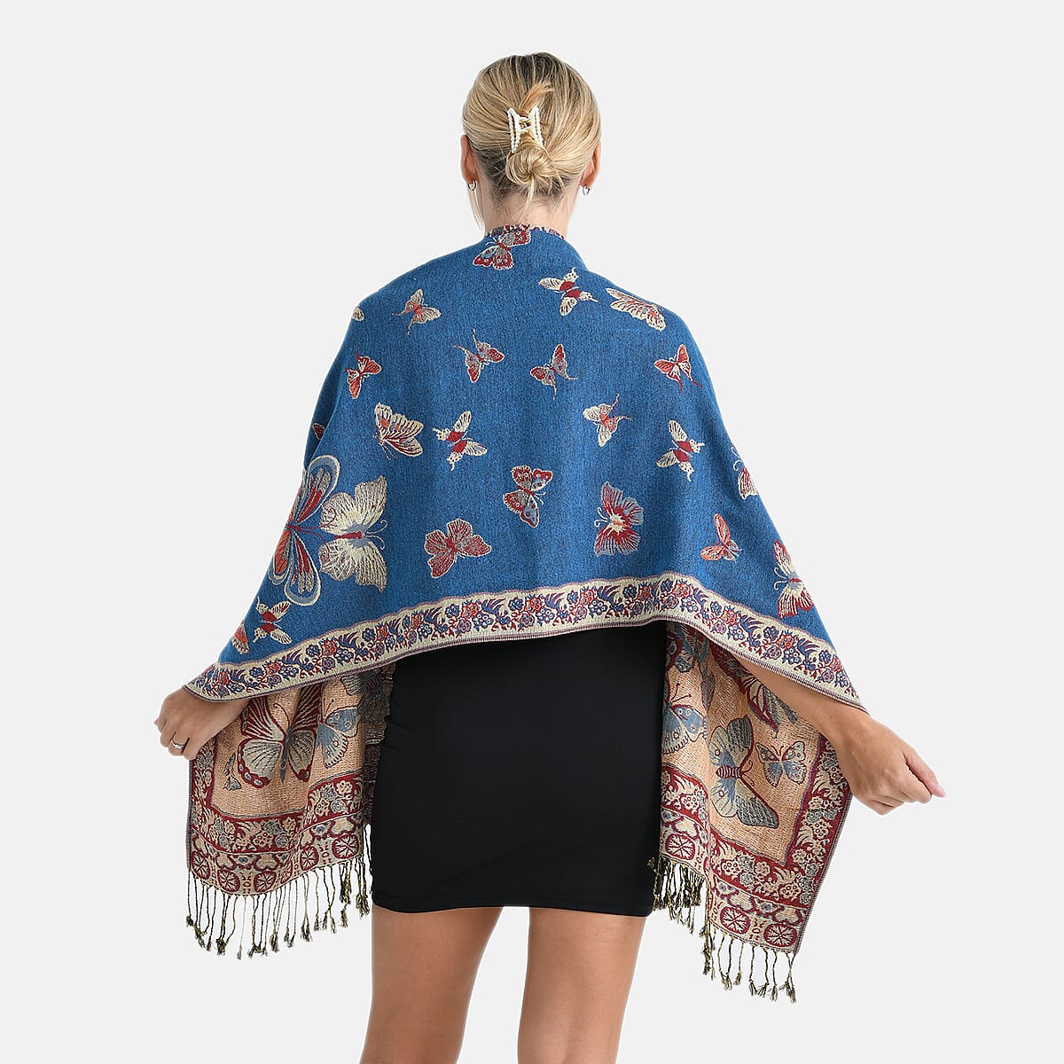 TAMSY Blue Butterfly Jacquard Scarf with Tassels &ndash; One Size Fits Most image number 1