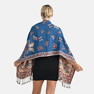 TAMSY Blue Butterfly Jacquard Scarf with Tassels &ndash; One Size Fits Most