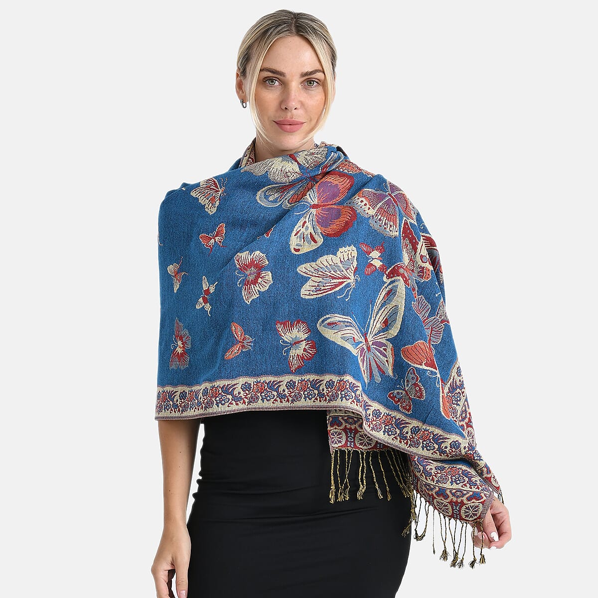 TAMSY Blue Butterfly Jacquard Scarf with Tassels &ndash; One Size Fits Most image number 3