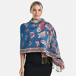TAMSY Blue Butterfly Jacquard Scarf with Tassels &ndash; One Size Fits Most