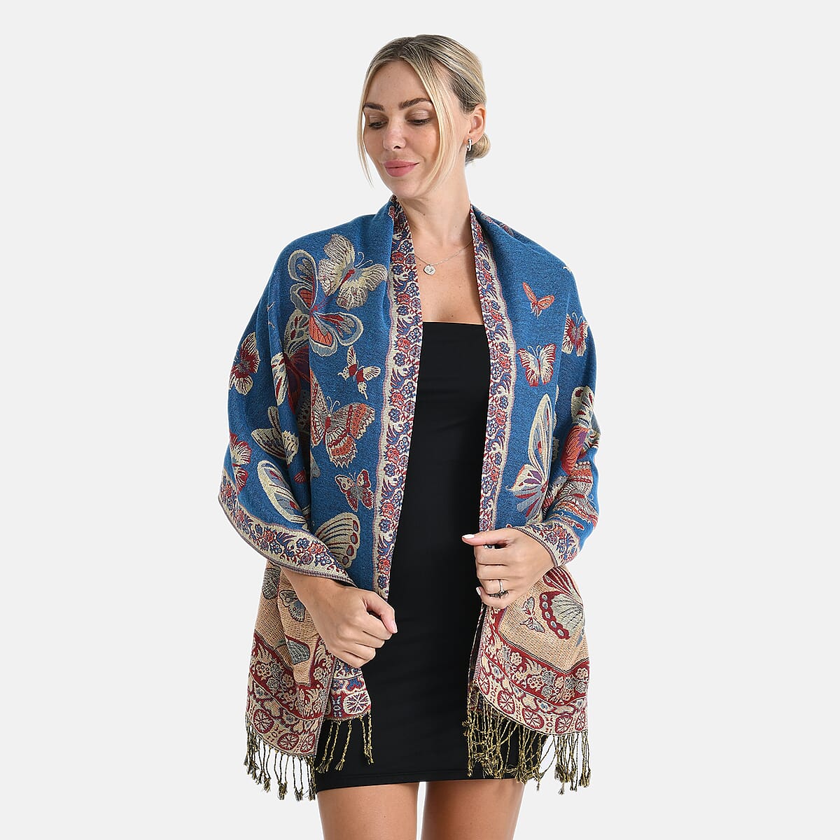 TAMSY Blue Butterfly Jacquard Scarf with Tassels &ndash; One Size Fits Most image number 4