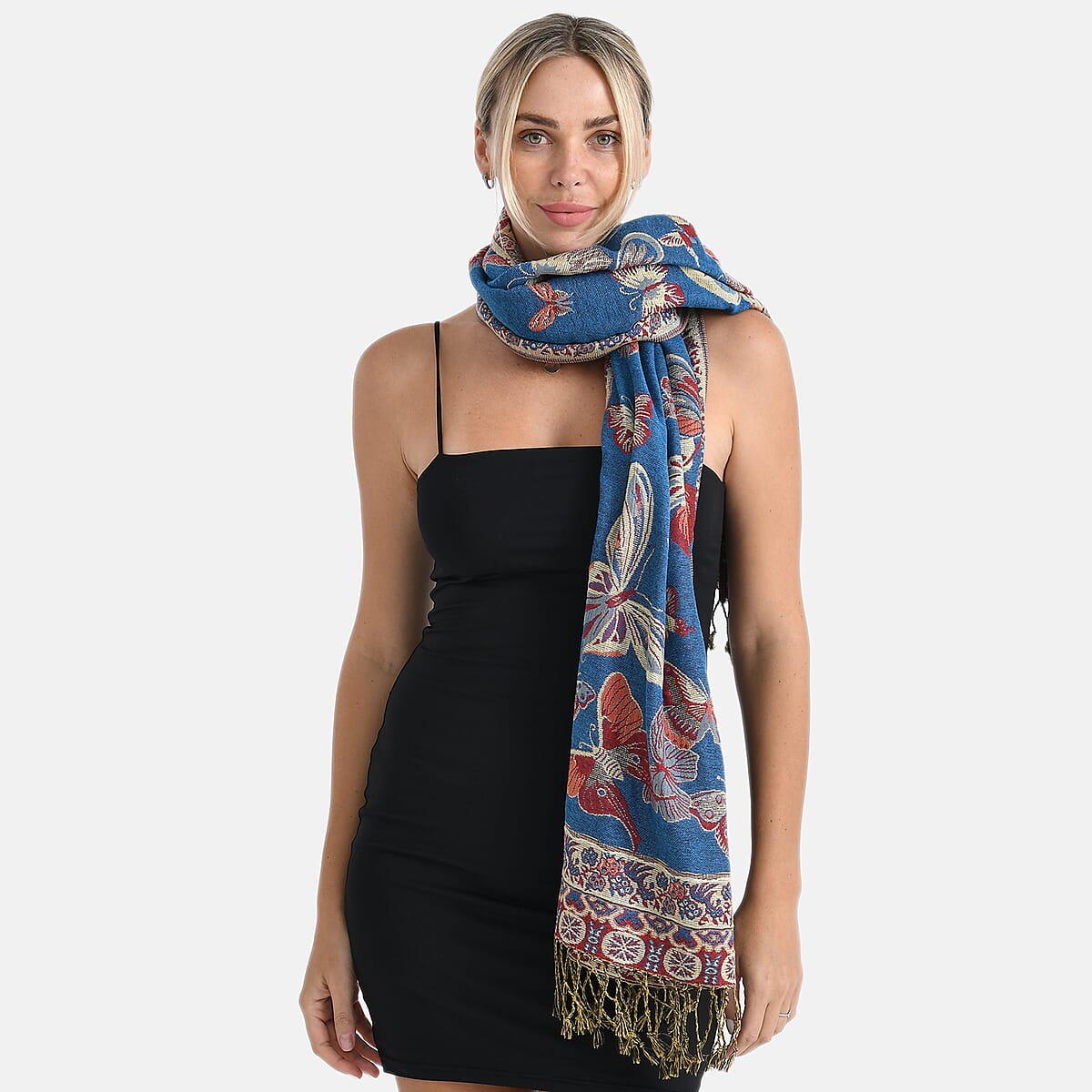 TAMSY Blue Butterfly Jacquard Scarf with Tassels &ndash; One Size Fits Most image number 5