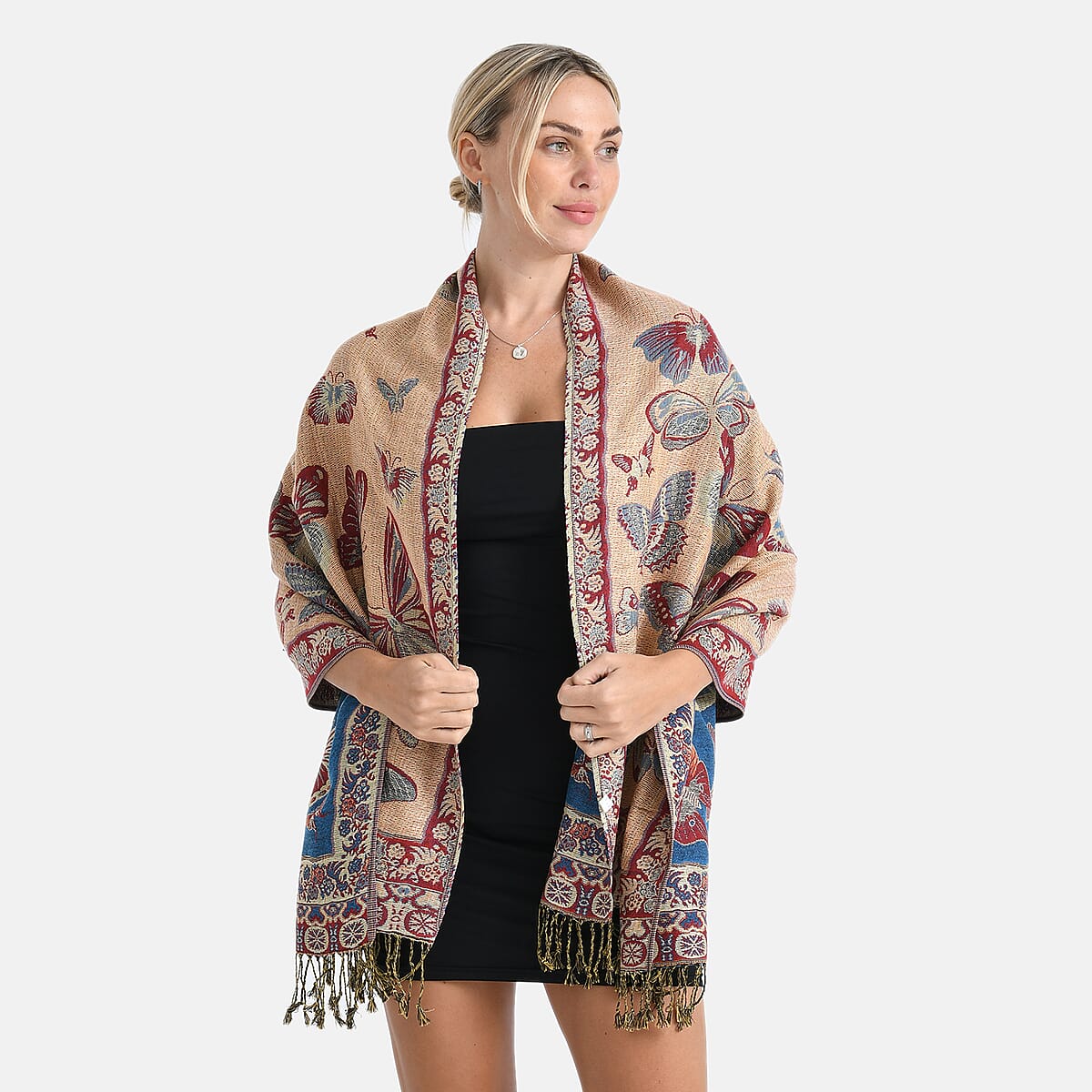 TAMSY Blue Butterfly Jacquard Scarf with Tassels &ndash; One Size Fits Most image number 6