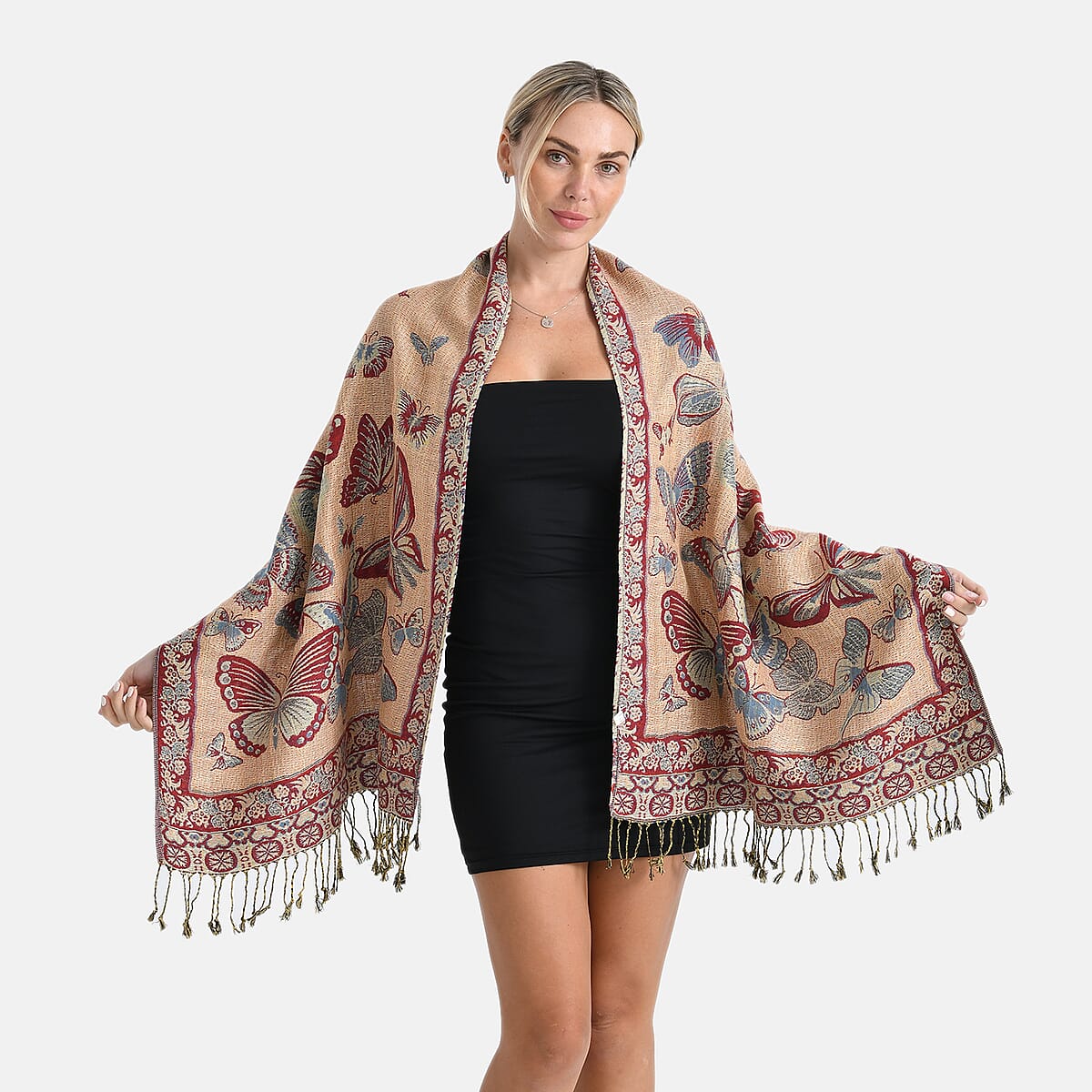 TAMSY Blue Butterfly Jacquard Scarf with Tassels &ndash; One Size Fits Most image number 7