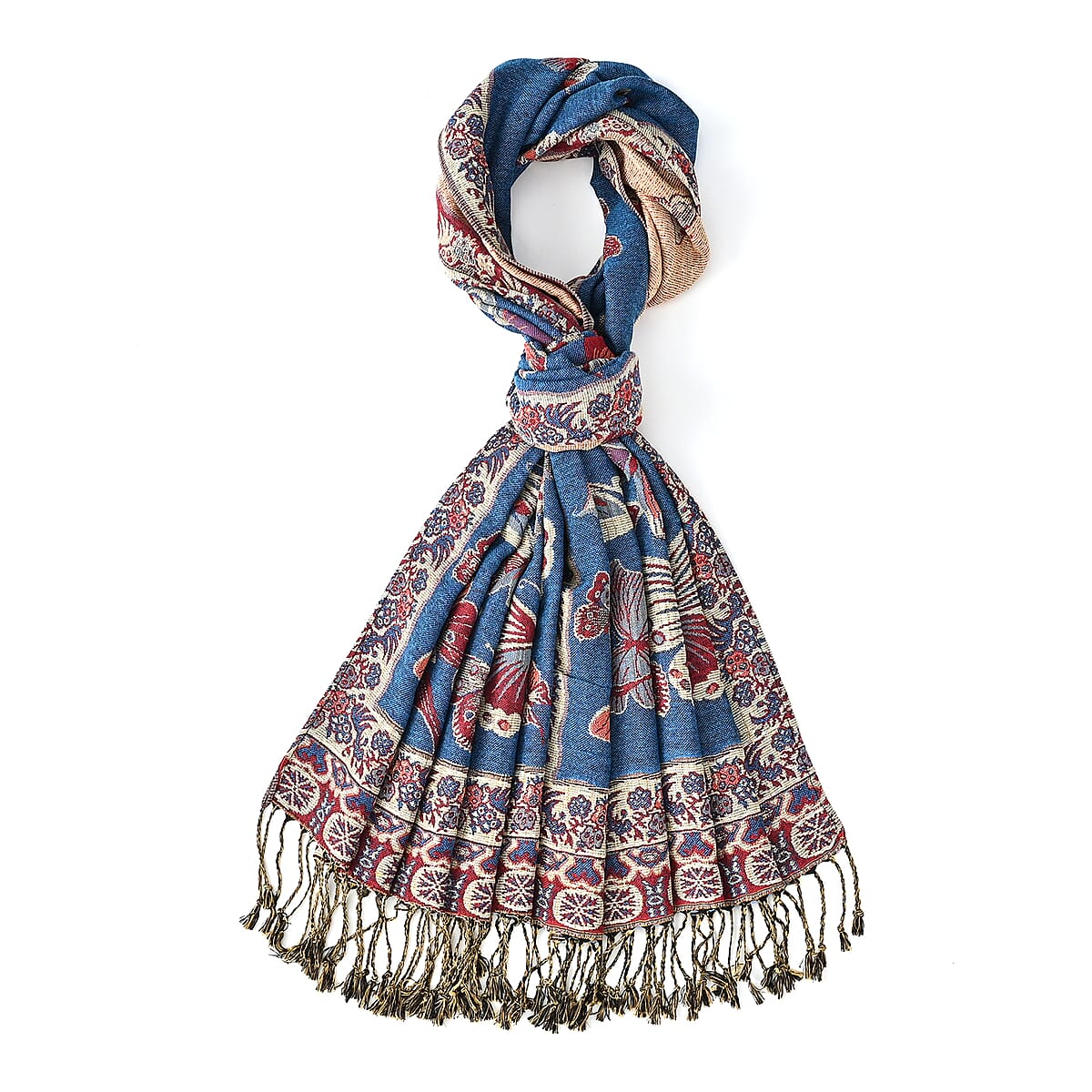 TAMSY Blue Butterfly Jacquard Scarf with Tassels &ndash; One Size Fits Most image number 8
