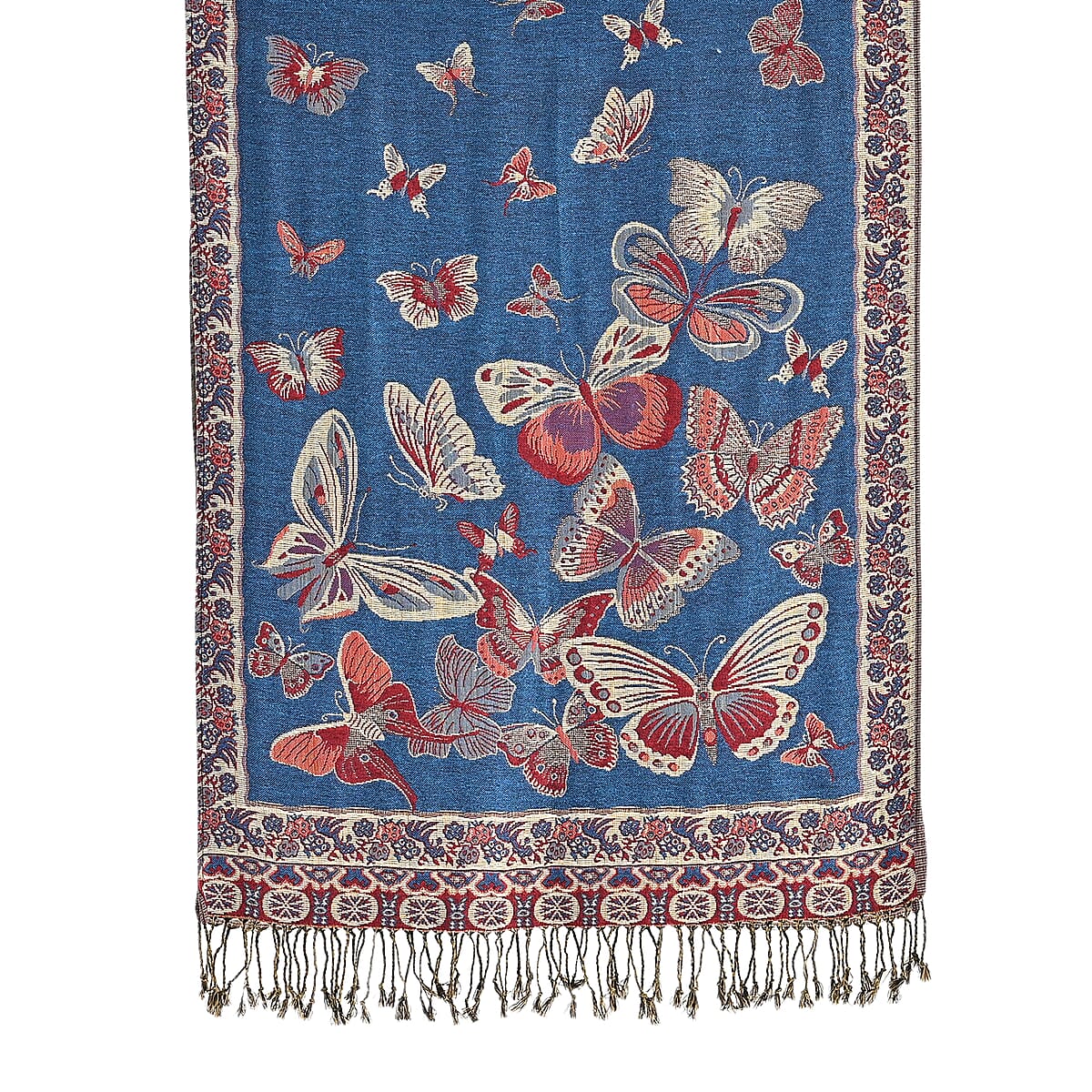 TAMSY Blue Butterfly Jacquard Scarf with Tassels &ndash; One Size Fits Most image number 9