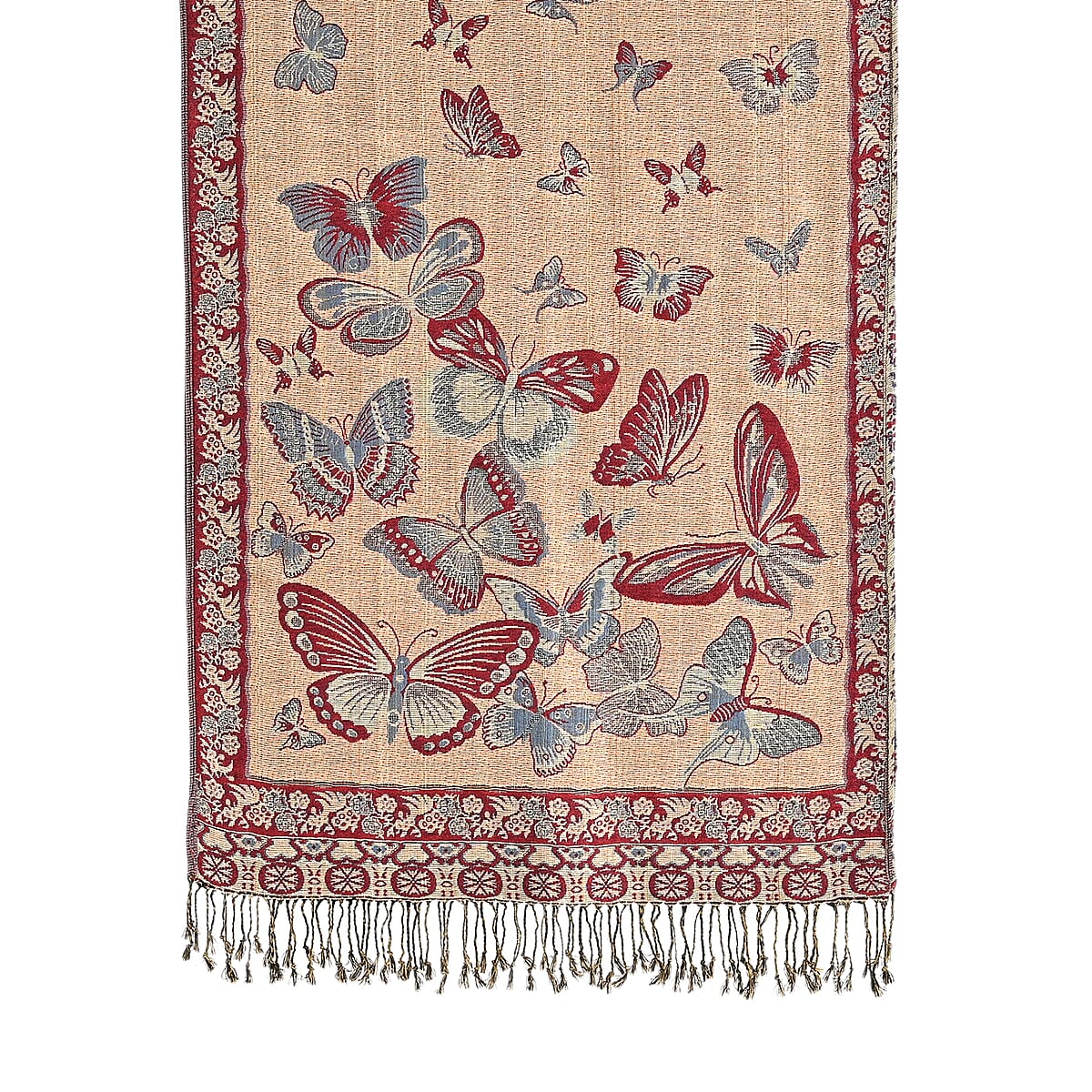 TAMSY Blue Butterfly Jacquard Scarf with Tassels &ndash; One Size Fits Most image number 10