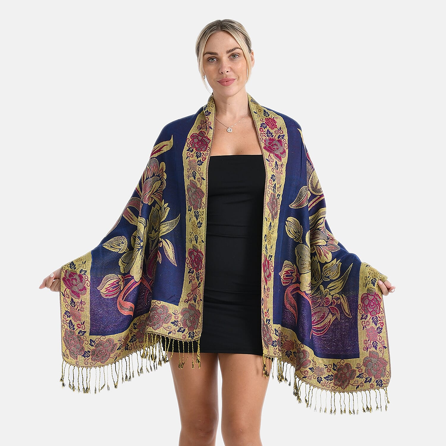 TAMSY Navy Gold Floral Jacquard Scarf with Tassels – One Size Fits Most