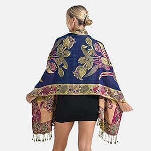 TAMSY Navy Gold Floral Jacquard Scarf with Tassels &ndash; One Size Fits Most