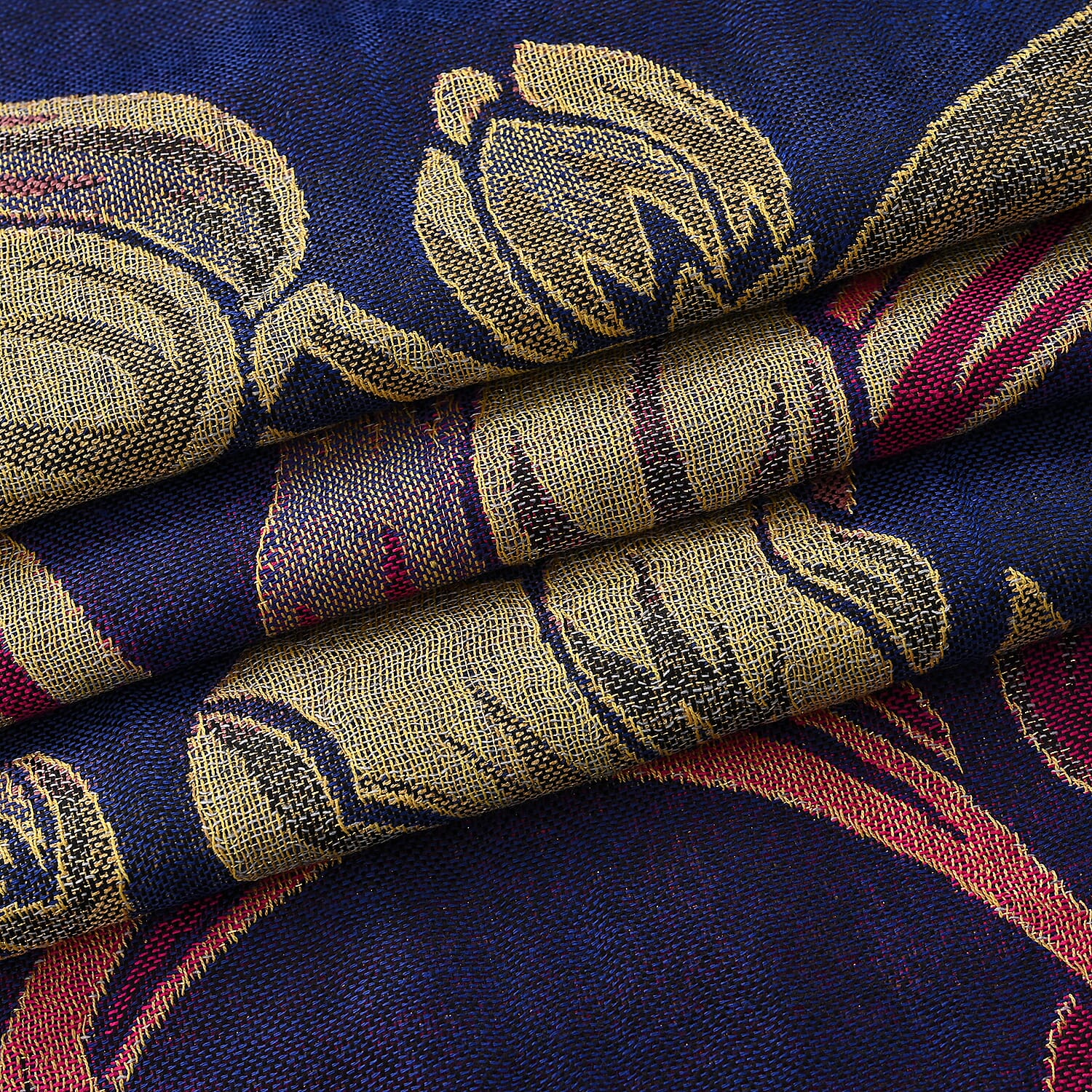 TAMSY Navy Gold Floral Jacquard Scarf with Tassels – One Size Fits Most