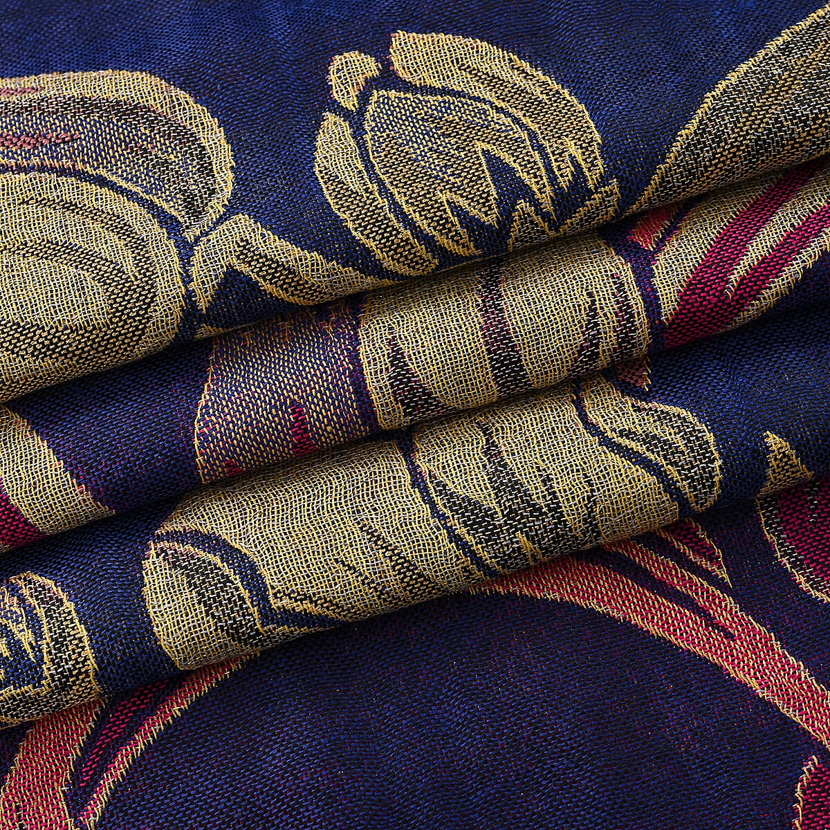 TAMSY Navy Gold Floral Jacquard Scarf with Tassels &ndash; One Size Fits Most image number 2