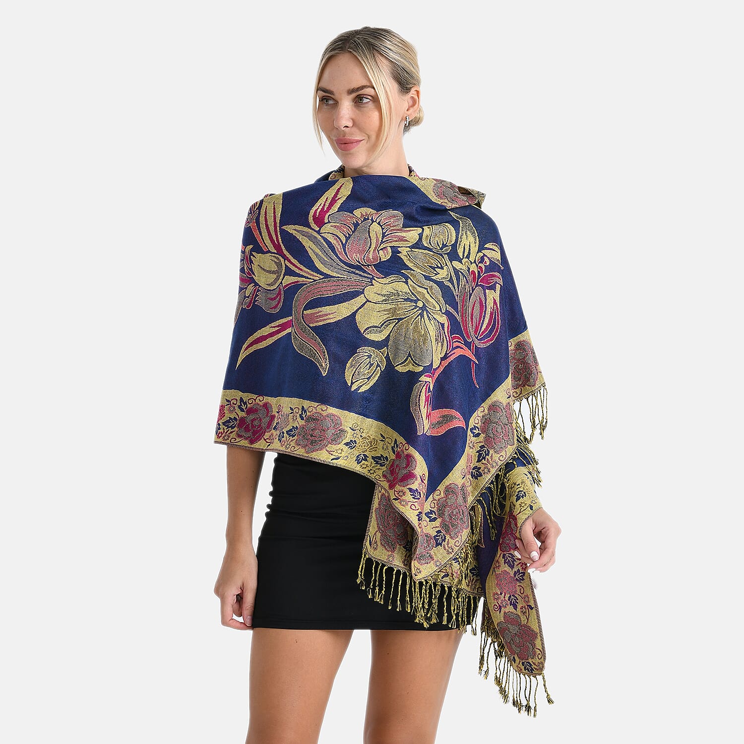 TAMSY Navy Gold Floral Jacquard Scarf with Tassels – One Size Fits Most