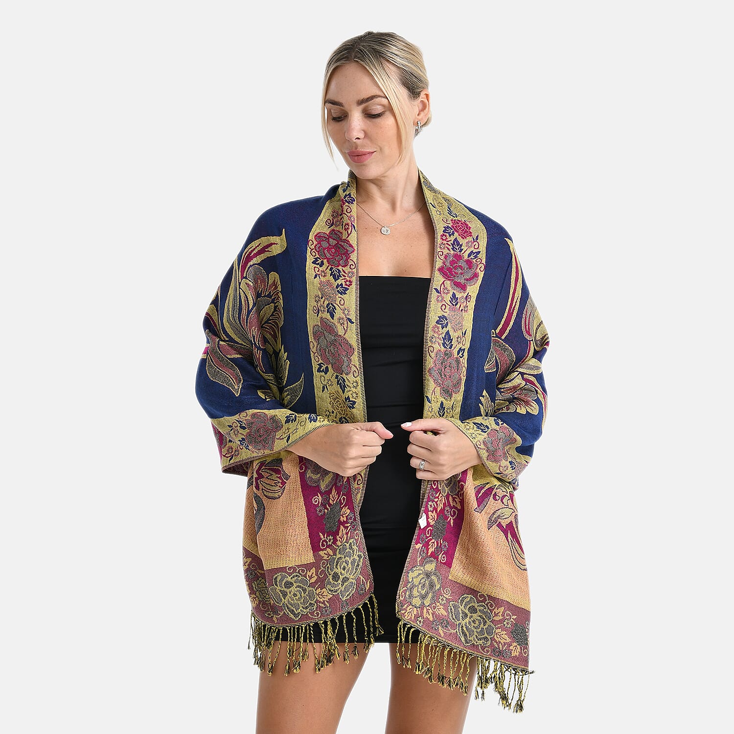 TAMSY Navy Gold Floral Jacquard Scarf with Tassels – One Size Fits Most