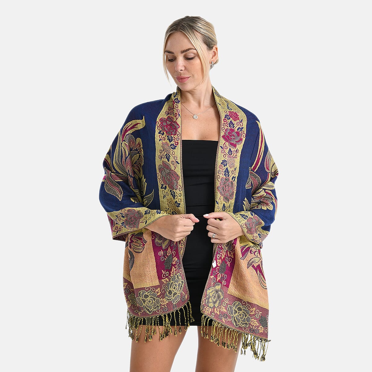 TAMSY Navy Gold Floral Jacquard Scarf with Tassels &ndash; One Size Fits Most image number 4