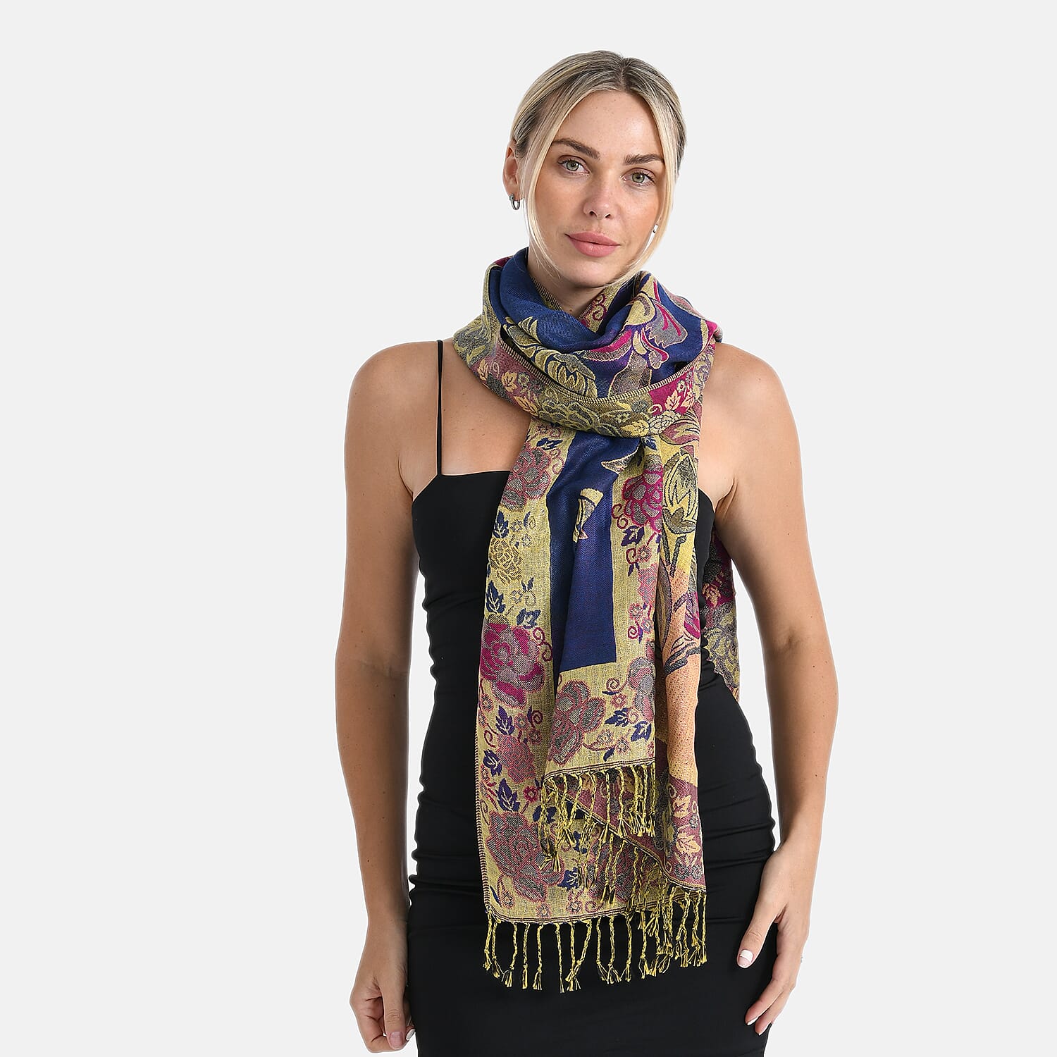 TAMSY Navy Gold Floral Jacquard Scarf with Tassels – One Size Fits Most