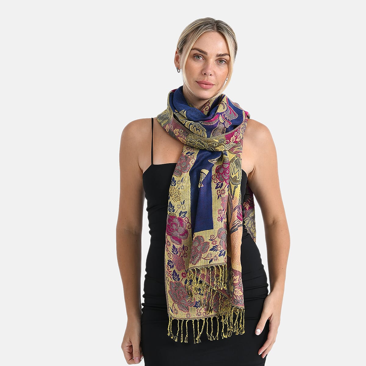TAMSY Navy Gold Floral Jacquard Scarf with Tassels &ndash; One Size Fits Most image number 5