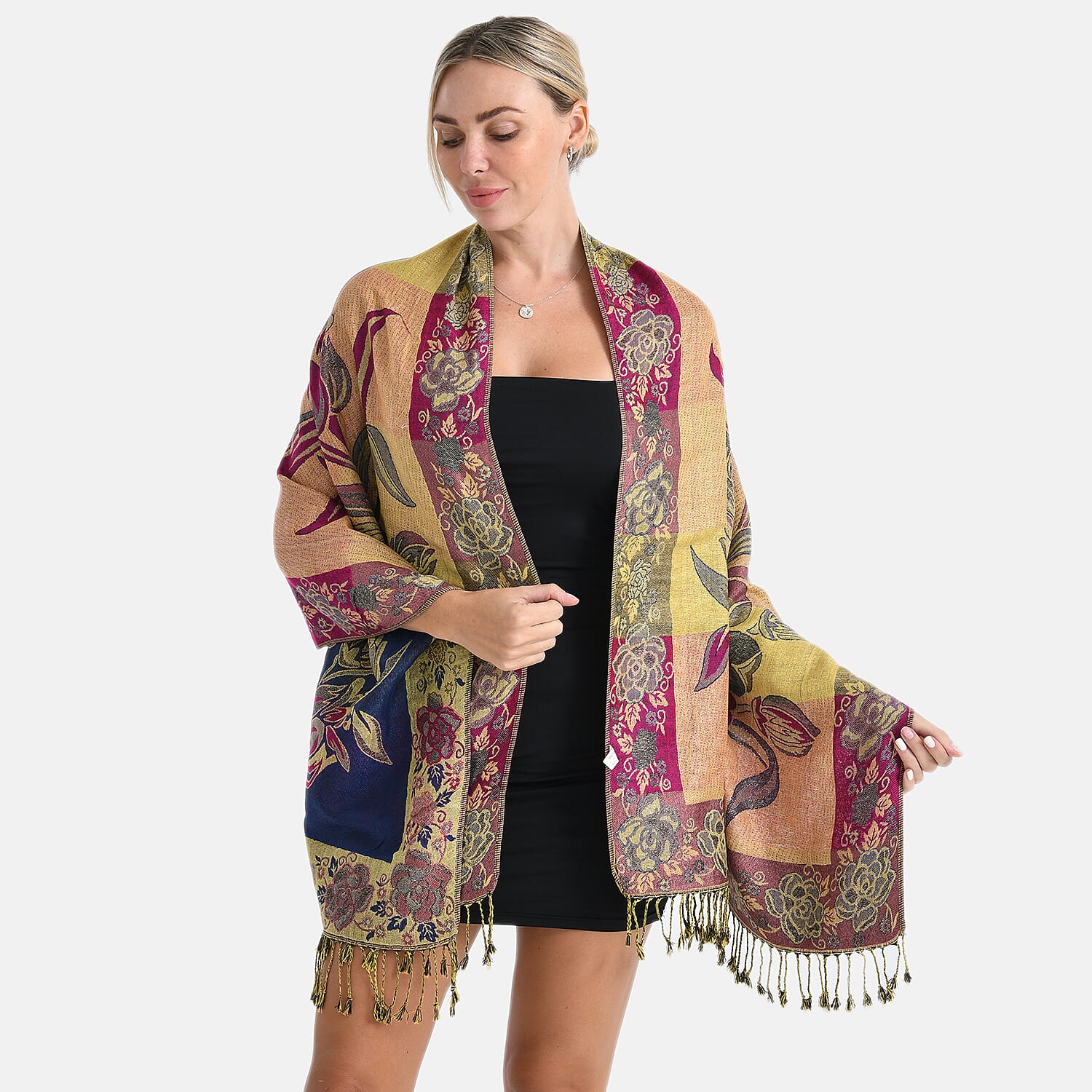 TAMSY Navy Gold Floral Jacquard Scarf with Tassels – One Size Fits Most