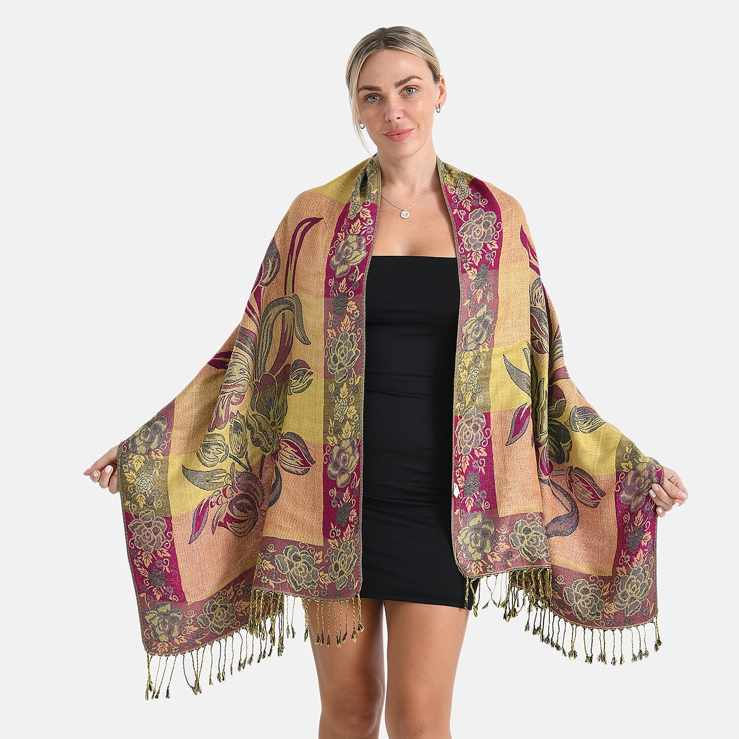 TAMSY Navy Gold Floral Jacquard Scarf with Tassels – One Size Fits Most