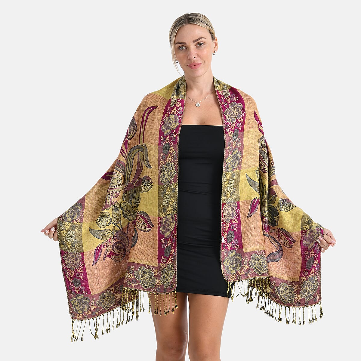 TAMSY Navy Gold Floral Jacquard Scarf with Tassels &ndash; One Size Fits Most image number 7