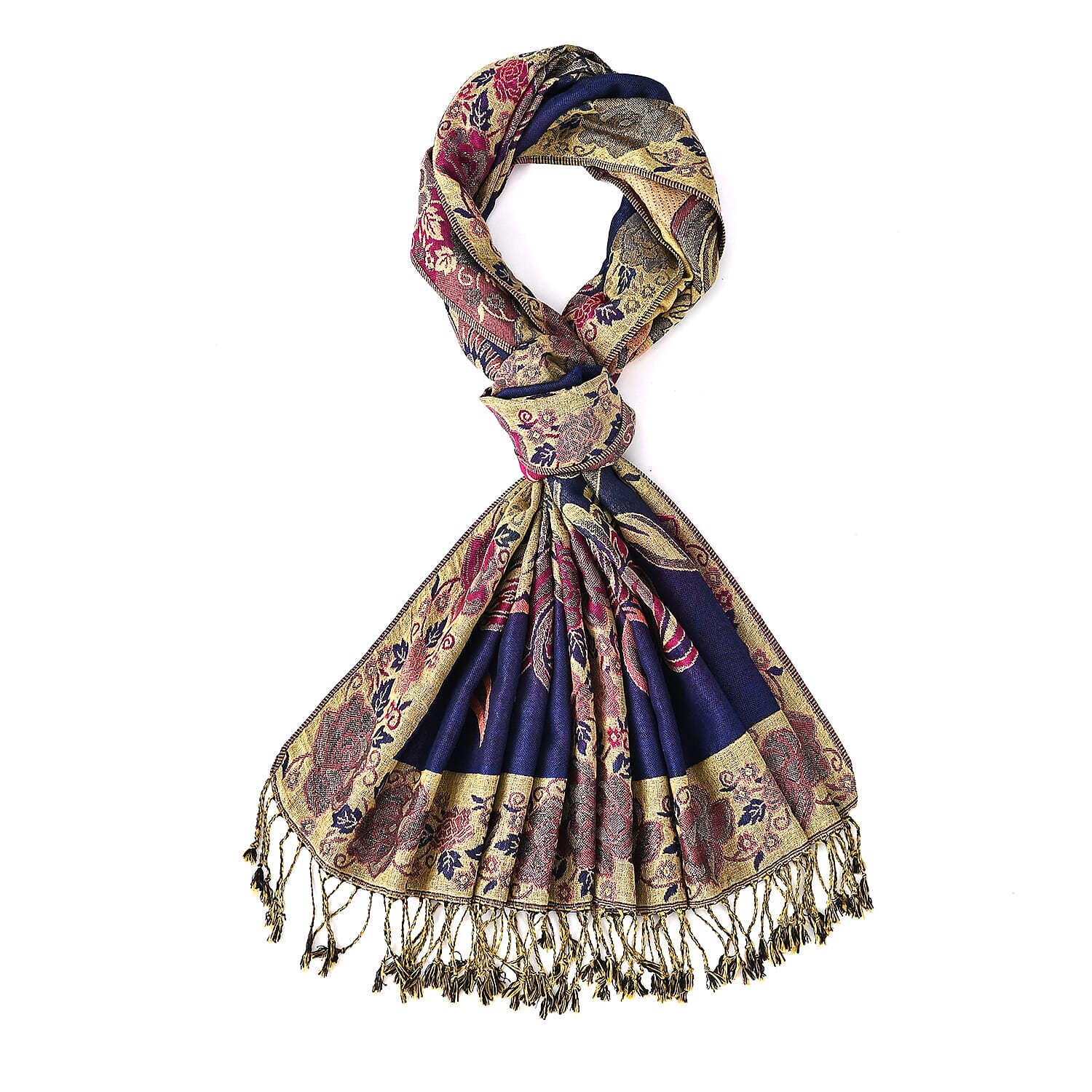 TAMSY Navy Gold Floral Jacquard Scarf with Tassels – One Size Fits Most