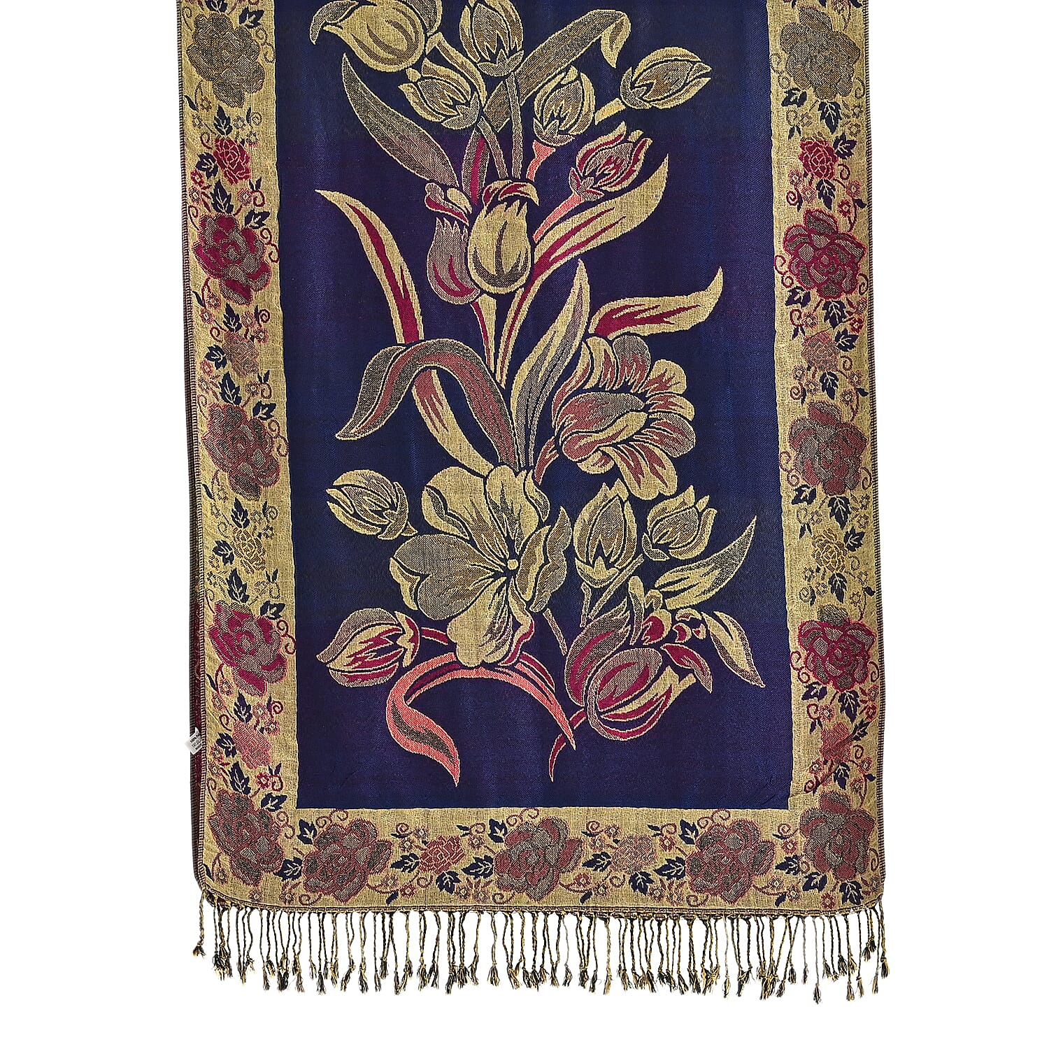 TAMSY Navy Gold Floral Jacquard Scarf with Tassels – One Size Fits Most