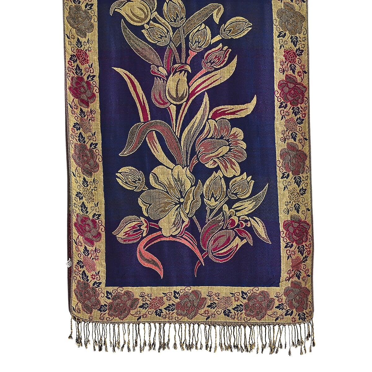 TAMSY Navy Gold Floral Jacquard Scarf with Tassels &ndash; One Size Fits Most image number 9