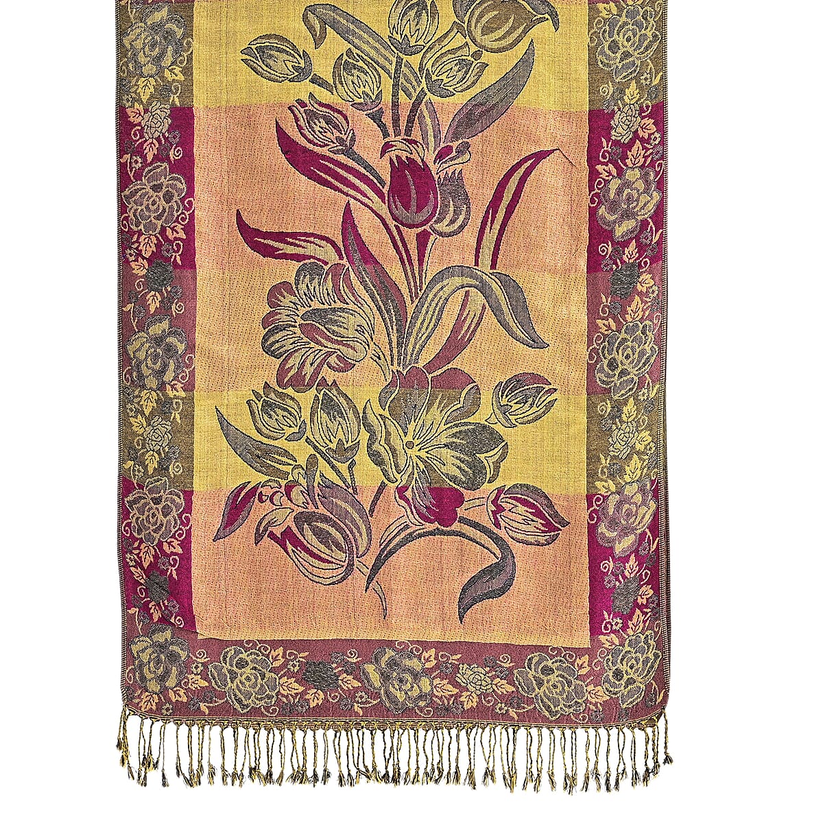TAMSY Navy Gold Floral Jacquard Scarf with Tassels &ndash; One Size Fits Most image number 10