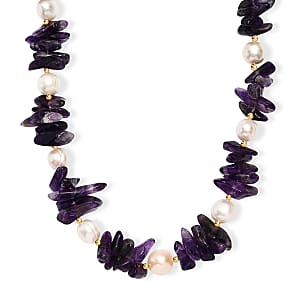 African Amethyst Chips 205.00 ctw and Freshwater Pearl Necklace in 18K YG Plated 18 Inches