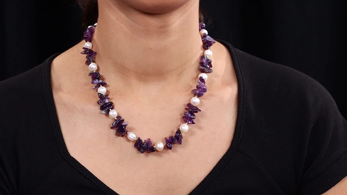 African Amethyst Chips 205.00 ctw and Freshwater Pearl Necklace in 18K YG Plated 18 Inches