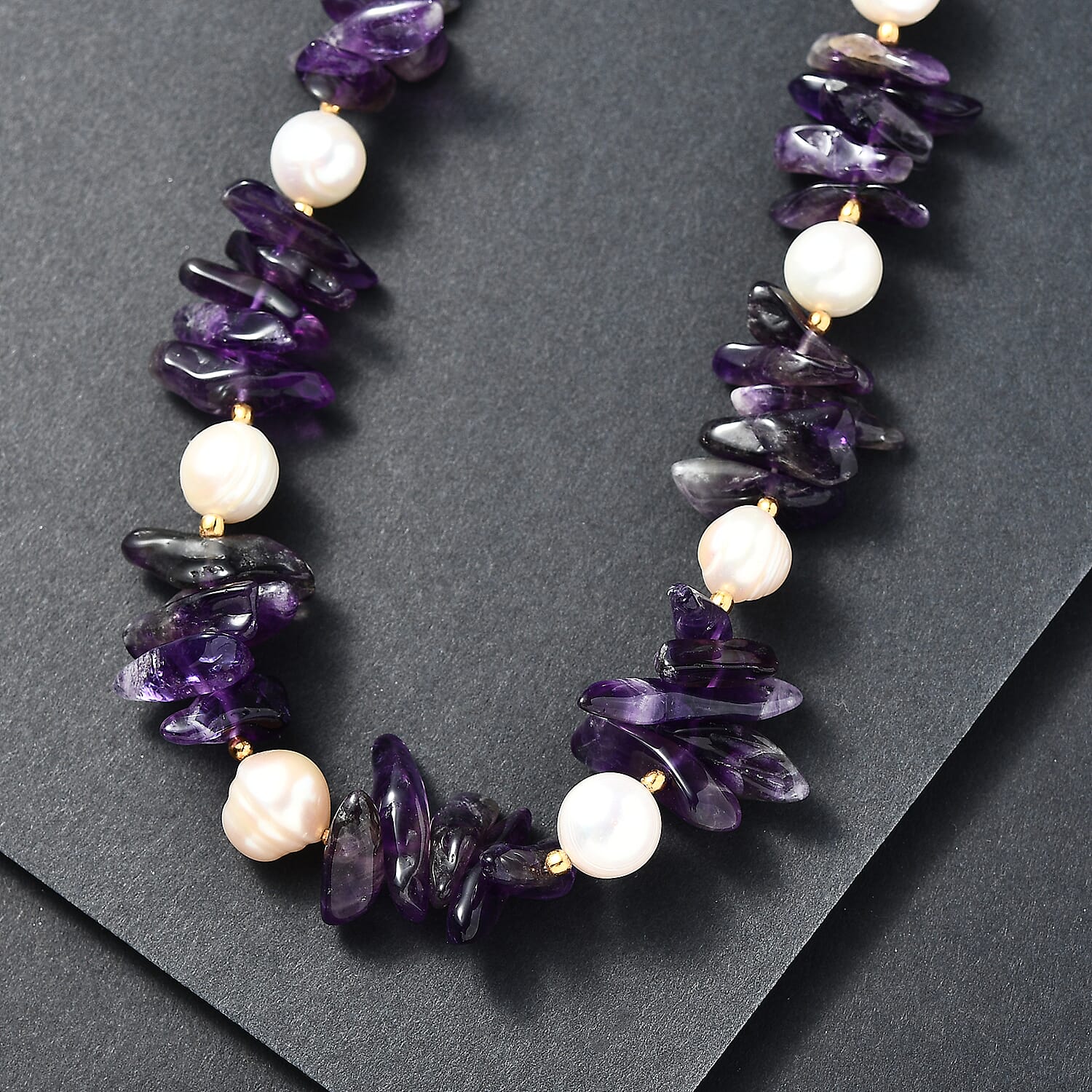 African Amethyst Chips 205.00 ctw and Freshwater Pearl Necklace in 18K YG Plated 18 Inches