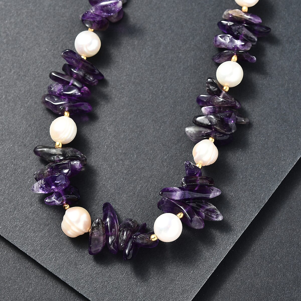 African Amethyst Chips 205.00 ctw and Freshwater Pearl Necklace in 18K YG Plated 18 Inches image number 1