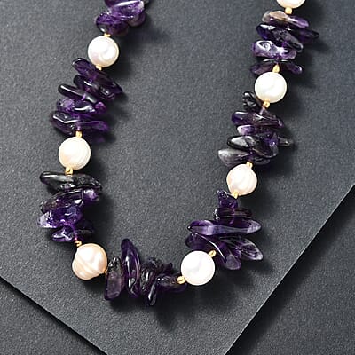 African Amethyst Chips 205.00 ctw and Freshwater Pearl Necklace in 18K YG Plated 18 Inches