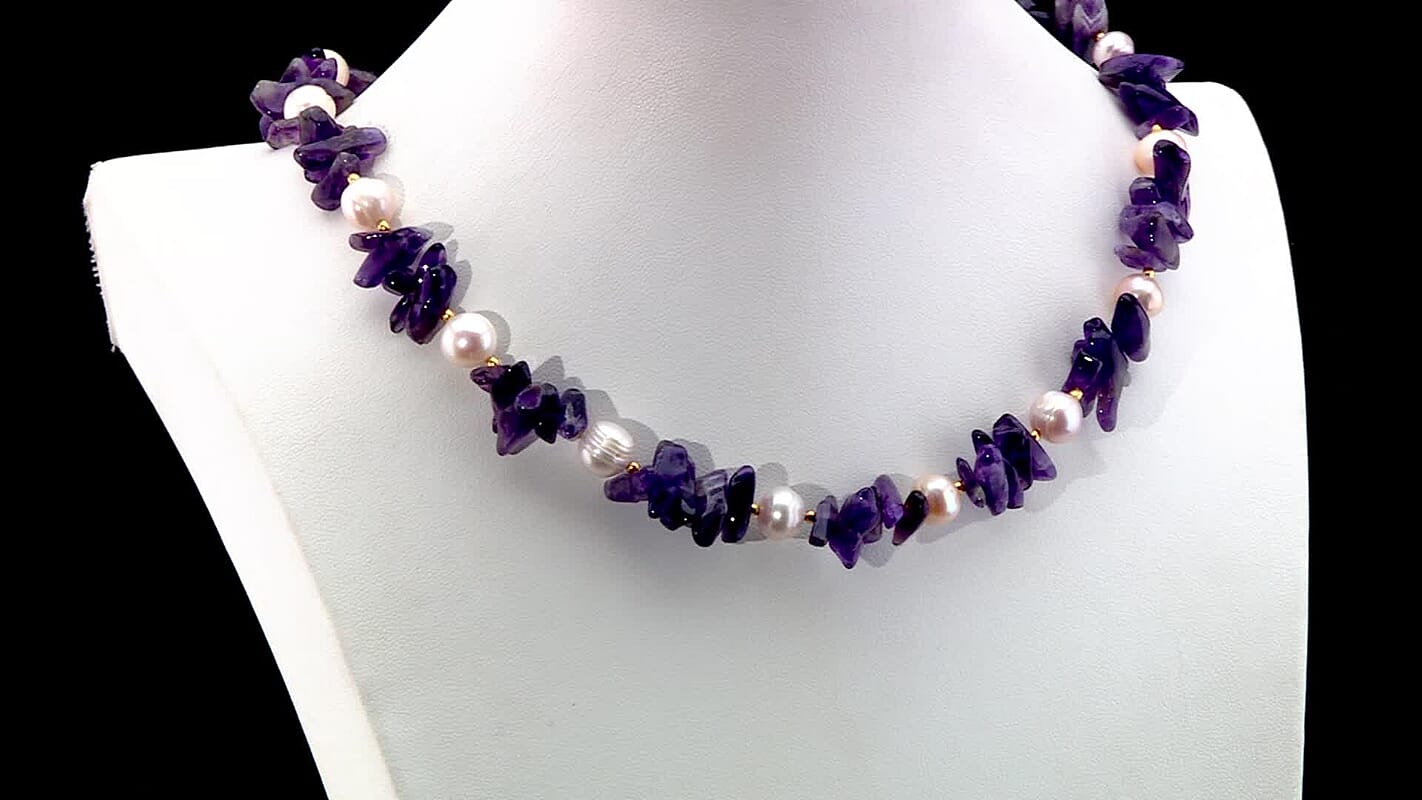 African Amethyst Chips 205.00 ctw and Freshwater Pearl Necklace in 18K YG Plated 18 Inches
