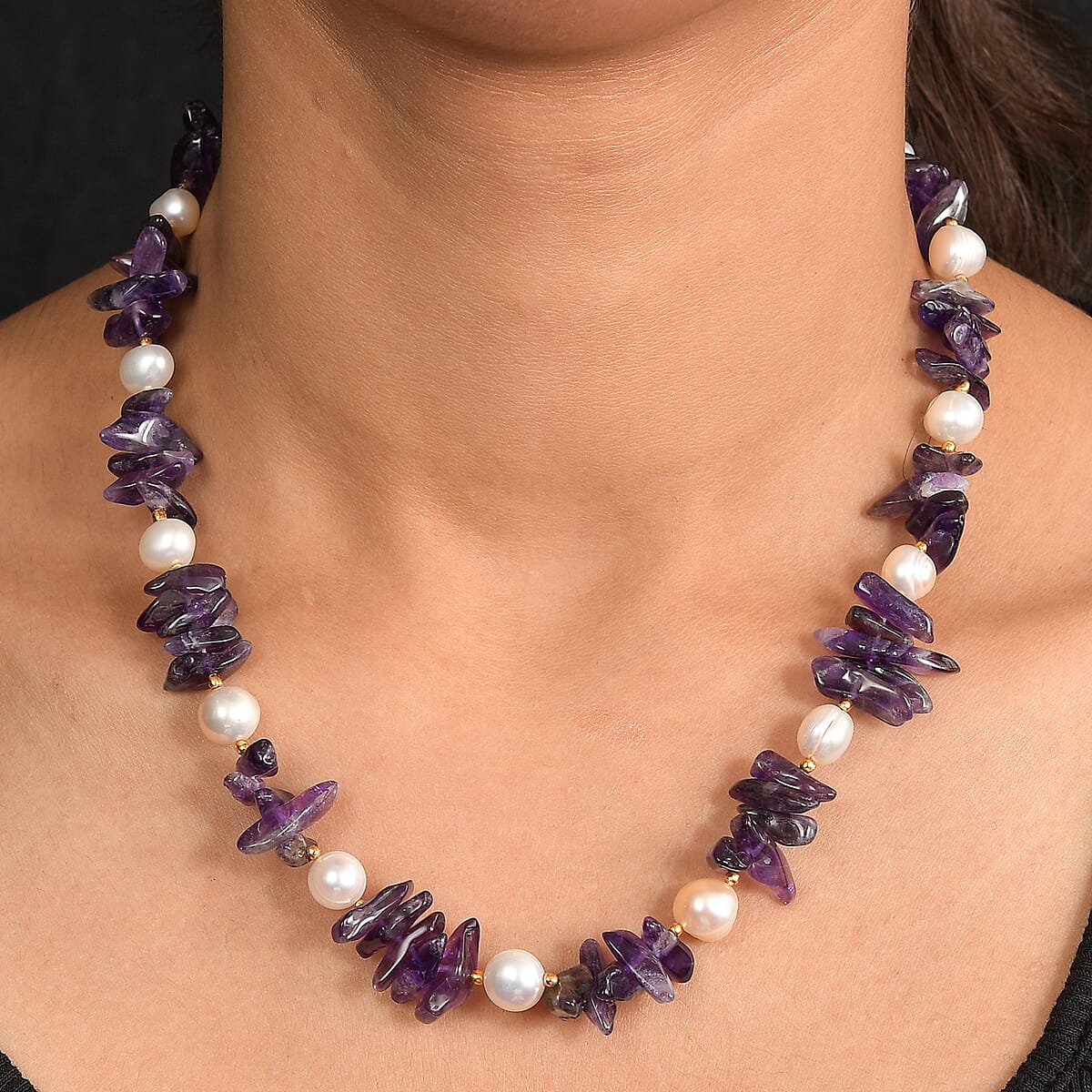 African Amethyst Chips 205.00 ctw and Freshwater Pearl Necklace in 18K YG Plated 18 Inches image number 2