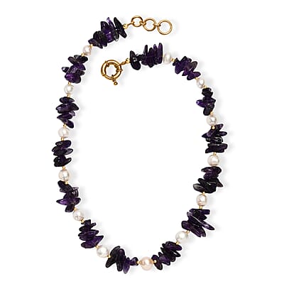 African Amethyst Chips 205.00 ctw and Freshwater Pearl Necklace in 18K YG Plated 18 Inches