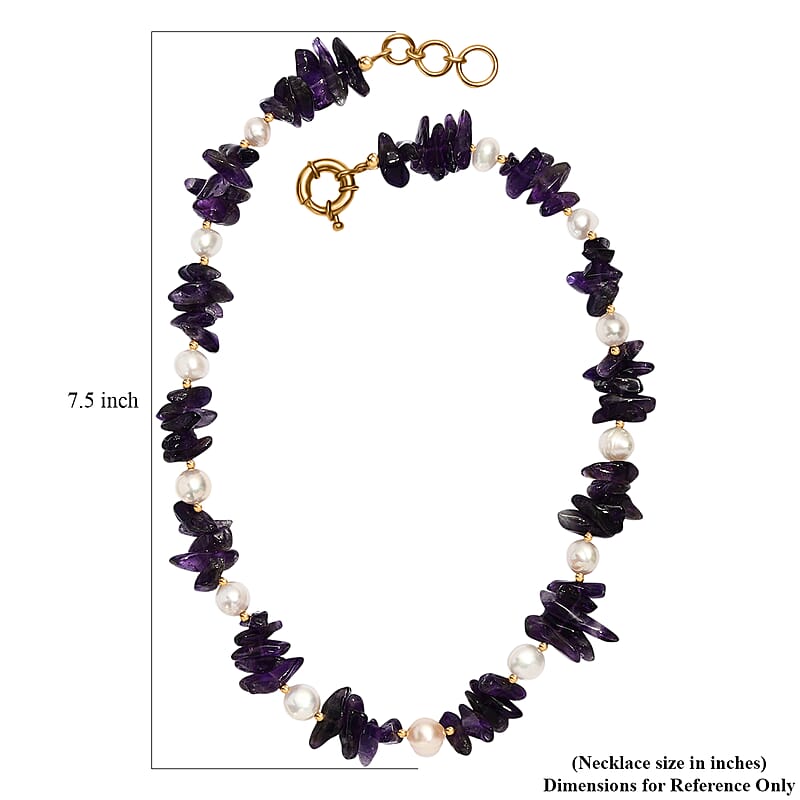 African Amethyst Chips 205.00 ctw and Freshwater Pearl Necklace in 18K YG Plated 18 Inches