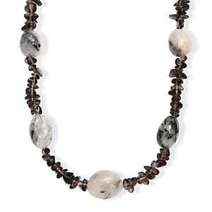 Black Rutile Quartz Tumble and Brazilian Smoky Quartz 445.00 ctw Chips Necklace in Stainless Steel 24 Inches