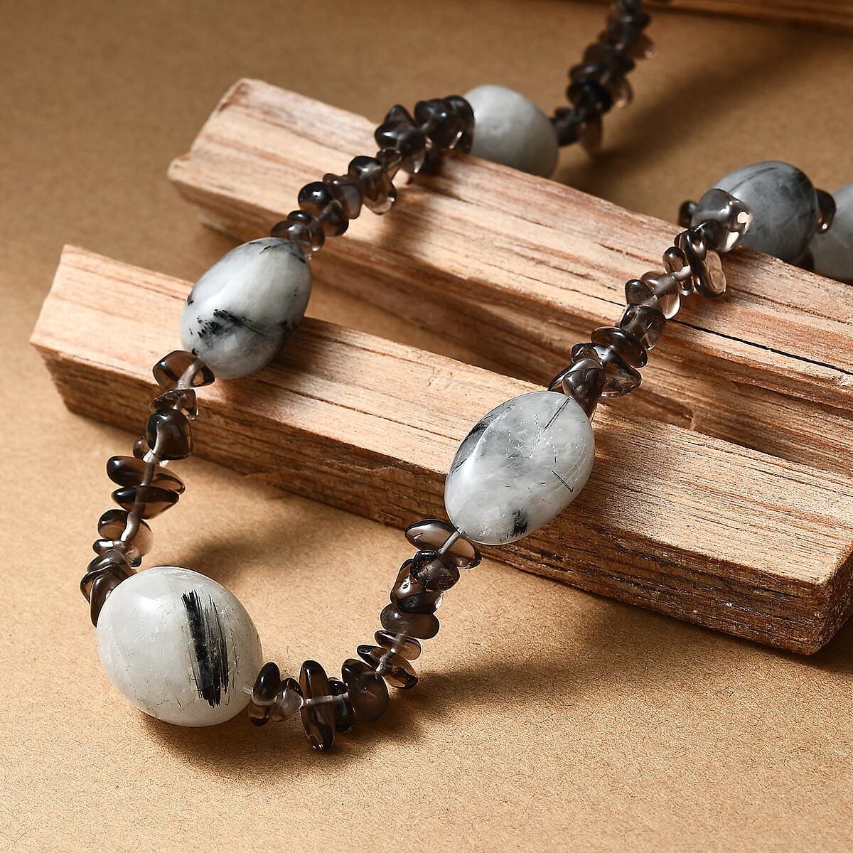 Black Rutile Quartz Tumble and Brazilian Smoky Quartz 445.00 ctw Chips Necklace in Stainless Steel 24 Inches image number 1
