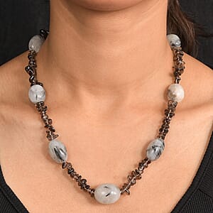 Black Rutile Quartz Tumble and Brazilian Smoky Quartz 445.00 ctw Chips Necklace in Stainless Steel 24 Inches