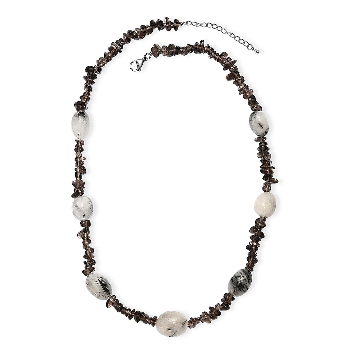Black Rutile Quartz Tumble and Brazilian Smoky Quartz 445.00 ctw Chips Necklace in Stainless Steel 24 Inches image number 3