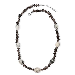 Black Rutile Quartz Tumble and Brazilian Smoky Quartz 445.00 ctw Chips Necklace in Stainless Steel 24 Inches