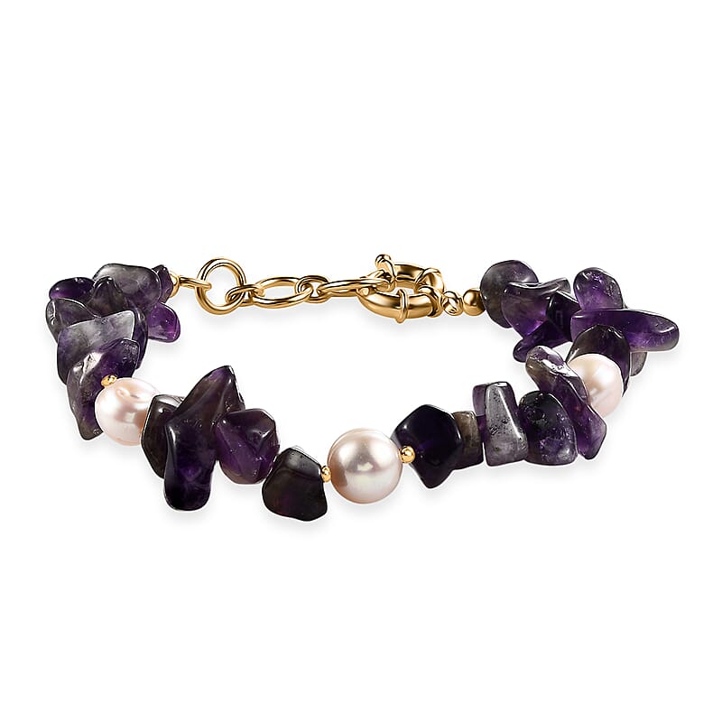 African Amethyst Chips 80.00 ctw and Freshwater Pearl Bracelet in 18K YG Plated (7.25 In)
