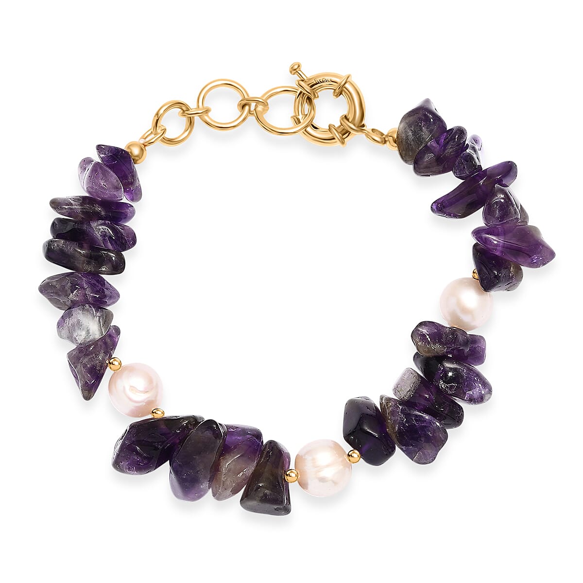 African Amethyst Chips 80.00 ctw and Freshwater Pearl Bracelet in 18K YG Plated (7.25 In) image number 3