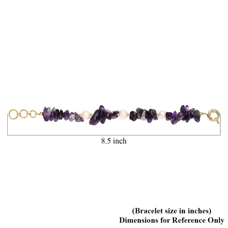 African Amethyst Chips 80.00 ctw and Freshwater Pearl Bracelet in 18K YG Plated (7.25 In)