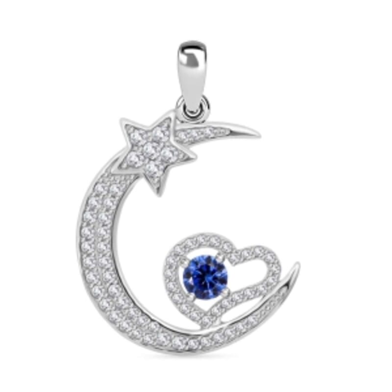 Blue Simulated Diamond and Simulated Diamond 1.19 ctw Pendant in Rhodium Over Sterling Silver
