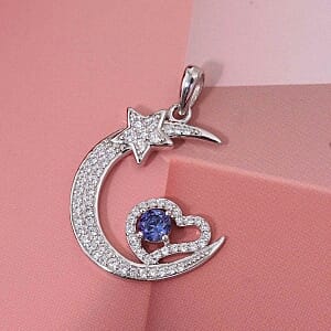 Blue Simulated Diamond and Simulated Diamond 1.19 ctw Pendant in Rhodium Over Sterling Silver