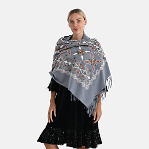 TAMSY Light Grey Baroque Soft Woven Embroidered Scarf with Tassels – One Size